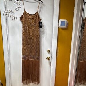 Boston Proper Gold Fringe Midi Dress